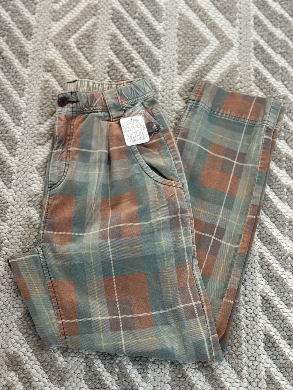 New Free People Plaid Chinos in Green and Brown Peach Sz XS